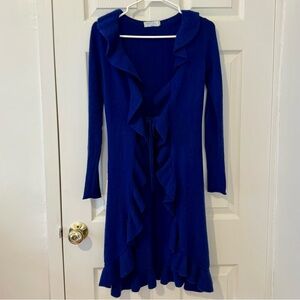 Royal Blue 100% Cashmere Long Ruffled Cardigan